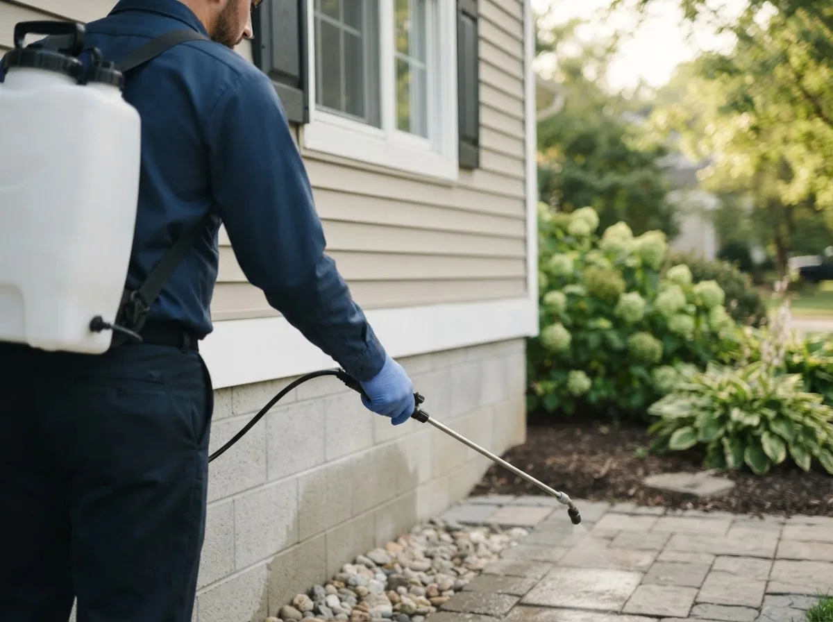 Pest control technician inspecting a home in Ponca City, OK